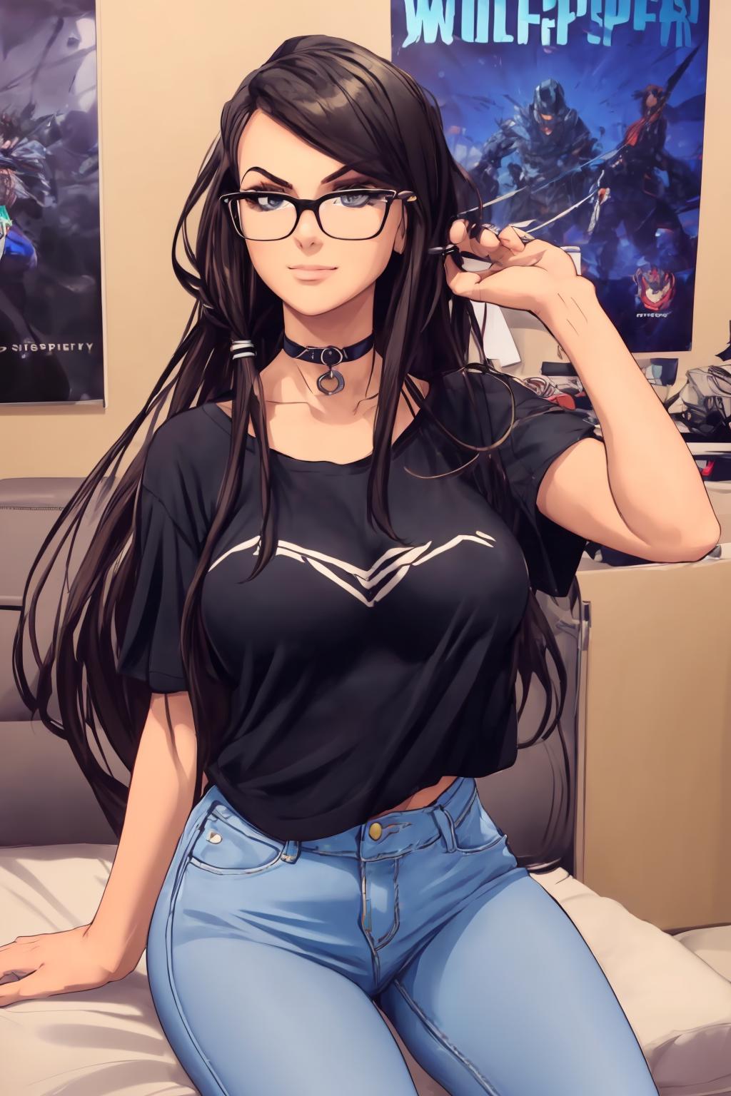 Woman Sssniperwolf With Glasses And Choker Necklace And Black Tshirt And Jeans Sitting In A